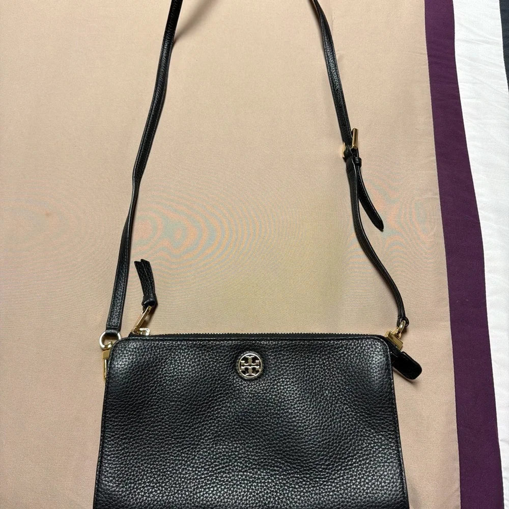 Tory Burch Black Pebbled Leather Logo Crossbody